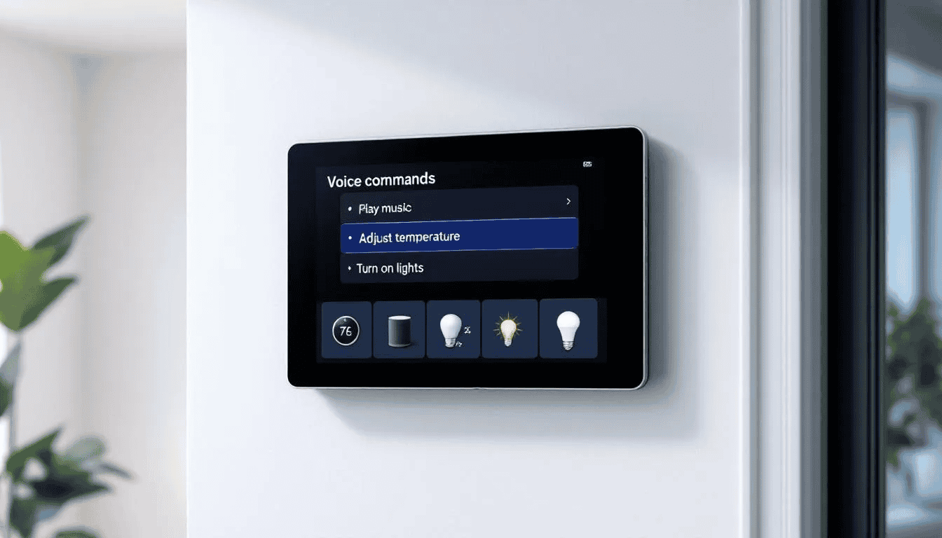 The image depicts an AI assistant interface that showcases voice commands and smart device integration, highlighting features like scheduling meetings and automating routine tasks. It emphasizes the use of natural language processing and voice recognition to enhance user interactions with various smart home devices.