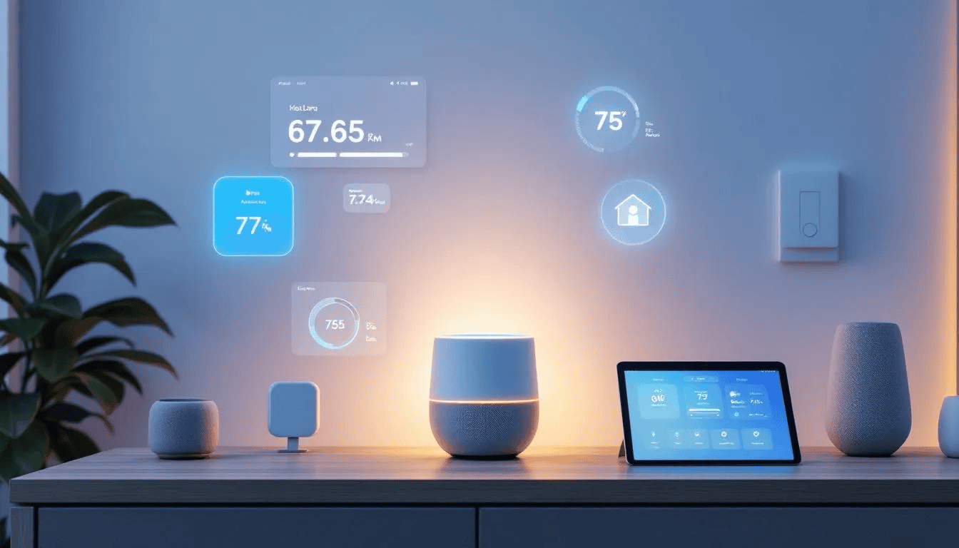 In the image, a modern smart home setup is displayed, featuring various AI assistants and connected devices that enhance daily living. The setup highlights digital tools like Google Assistant and virtual assistants designed for automating routine tasks, managing calendars, and improving user interactions through voice commands and natural language processing.