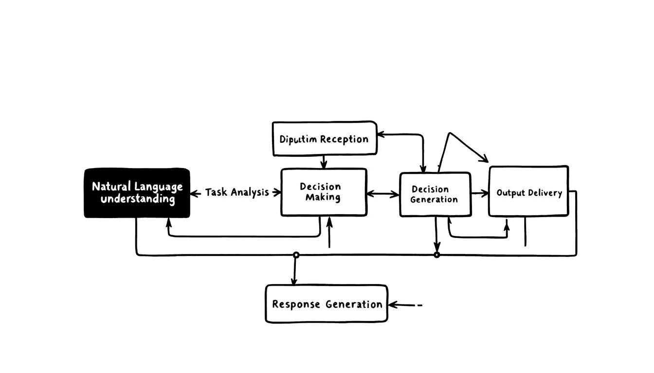 The image depicts a workflow diagram illustrating how an AI assistant processes user commands through various stages, showcasing elements such as natural language processing, voice recognition, and task execution. It highlights the AI's capabilities in automating routine tasks, managing calendars, and enhancing customer service through efficient user interactions.