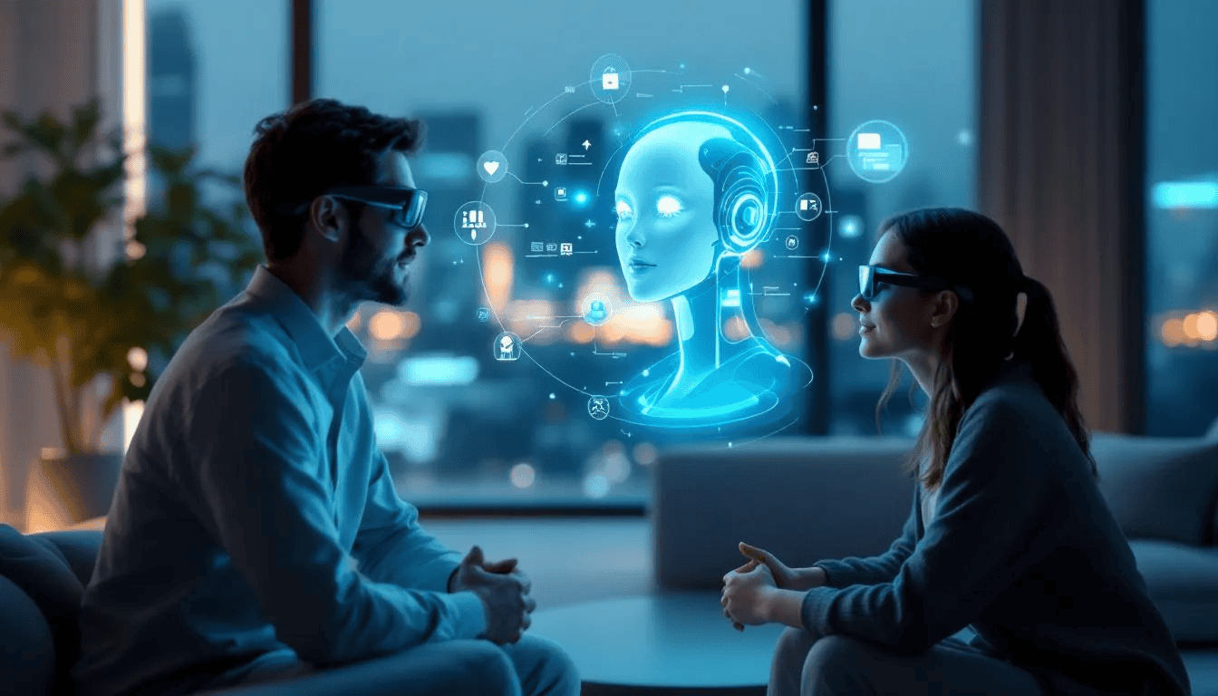 The image depicts a futuristic setting showcasing advanced AI technology, featuring a digital assistant interacting with users through voice recognition and visual displays. It highlights the seamless integration of smart home devices and AI capabilities, emphasizing how these AI assistants can automate routine tasks, manage schedules, and enhance customer service through natural language processing.