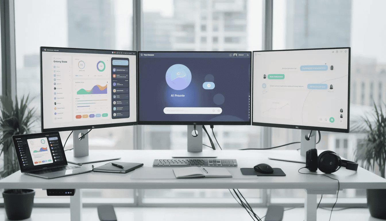 The image depicts a modern office workspace featuring multiple monitors displaying an AI chat interface and various productivity dashboards related to project management and construction industry metrics. This setup emphasizes the use of AI tools for streamlined decision-making and efficient workflow management.