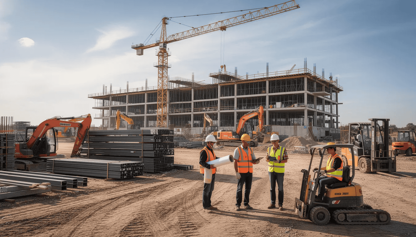 The image depicts a bustling construction site featuring modern equipment and workers collaborating on a large project, showcasing the integration of advanced tools and project management techniques in the construction industry. This environment emphasizes teamwork and the use of innovative solutions to streamline workflows and enhance productivity.